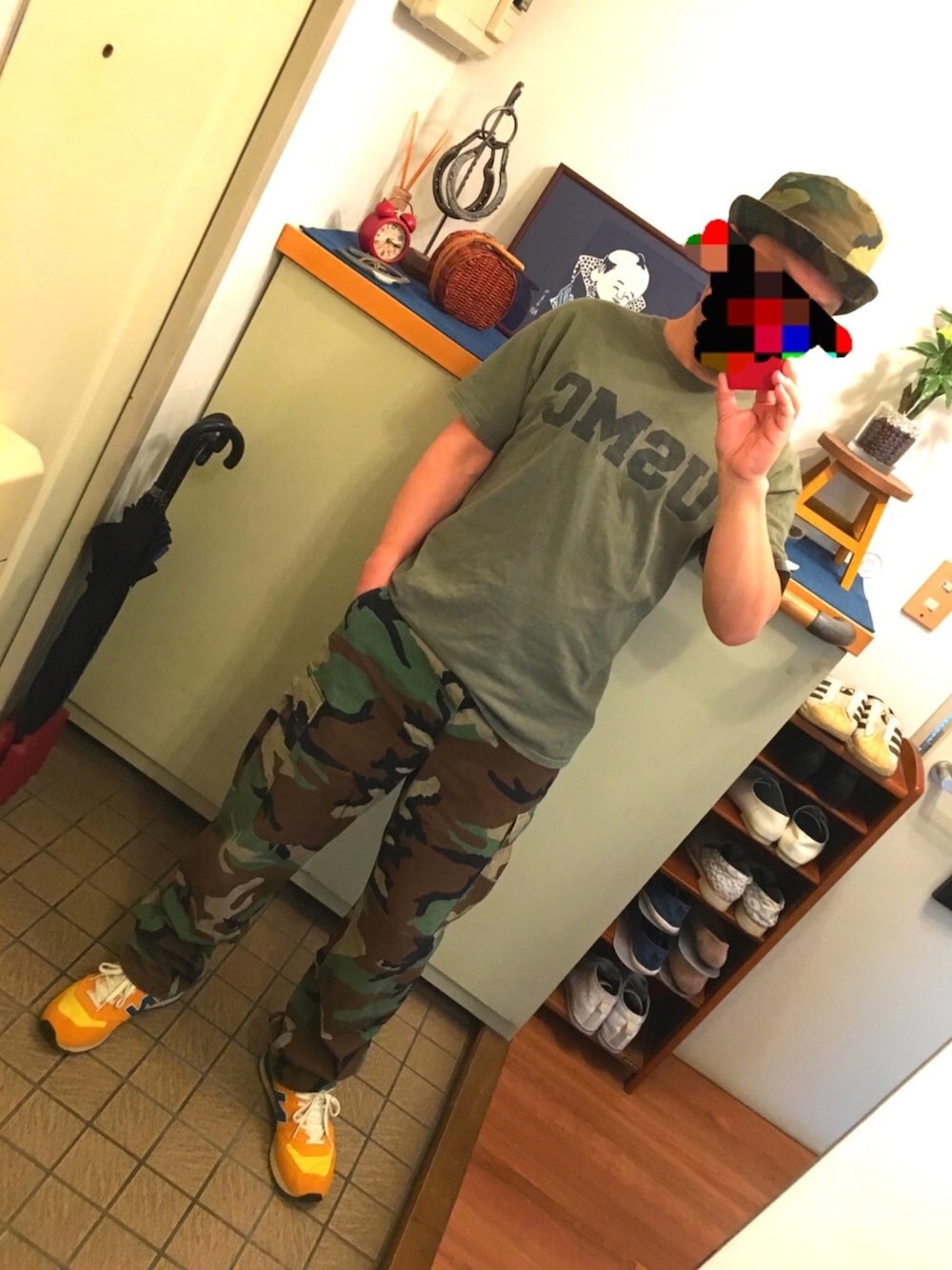 「大人カジュアル、古着、used、ミリタリー、カモフラ、street、スニーカー、カジュアル、Tシャツ、ootd」｜「USMCのアイテム（Tシャツ/カットソー、グリーン系）」を使った、中学６年生さん（メンズ・170cm）の春コーディネートの1枚目の写真