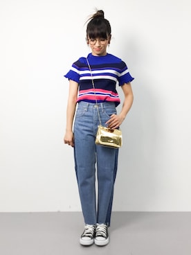「AZUL by moussy（アズールバイマウジー）のフレイドヘムクラッシュストレートデニム（デニムパンツ）」を使った、ᴵᴷᴱᴺᴼᴿᴵ५✍⋆*さん（レディース・153cm）の春コーディネート