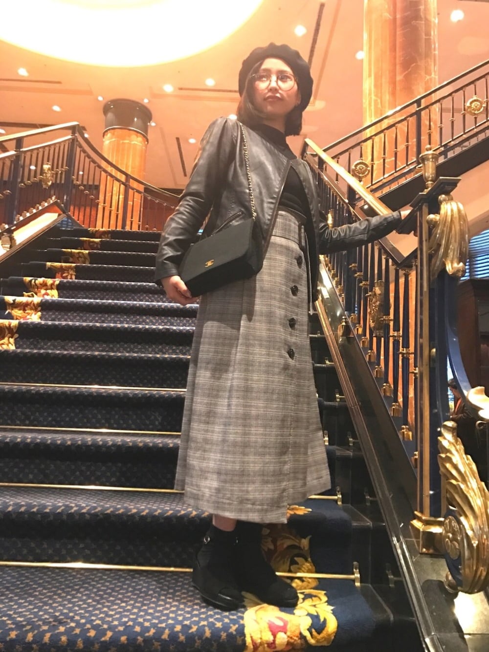 「恵比寿、ウェスティンホテル、定番、ガーリー、ライダース、靴下サンダル、ラップスカート、チェック、モノトーン、ベレー帽」｜「INGNIの【１１／２４ヒルナンデスご紹介商品】ウール/ベレー-2016ＡＷ-（ハンチング/ベレー帽、ブラック系）」を使った、yukimiさん（レディース・153cm）の冬コーディネートの1枚目の写真