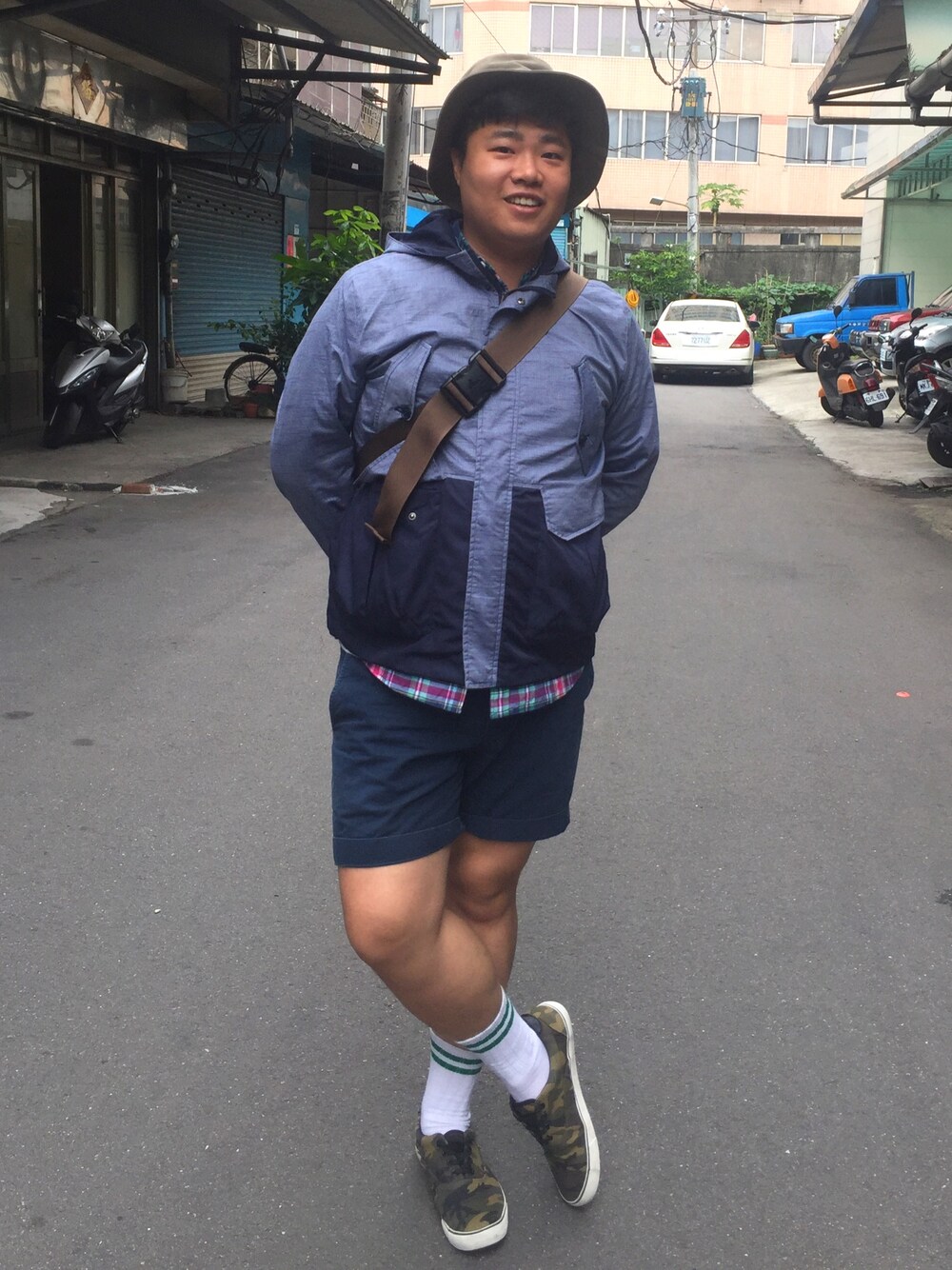 「summer、streetstyle、GU、outfit、hat、迷彩」｜「GUのアイテム（シューズ、グリーン系）」を使った、Eric Wangさん（メンズ・173cm）の夏コーディネートの1枚目の写真