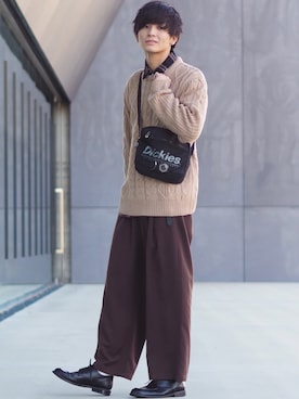 「MONO-MART（モノマート）のオーバーサイズアラン編みクルーネックケーブルニットセーター（ニット/セーター）」を使った、ユウトさん（メンズ・177cm）の秋コーディネート