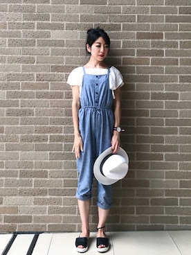 「ハットコーデ」｜「アイテム（サロペット/オーバーオール）」を使った、euro flat PRESS lisaさん（レディース・157cm）の夏コーディネート