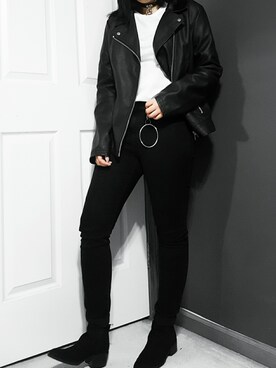 「New look（ニュールック）のアイテム（ライダースジャケット）」を使った、Rinaさん（レディース・160cm）の春コーディネート