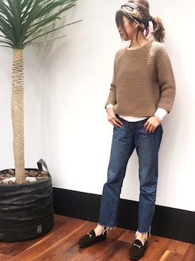 「THE SHINZONE（ザ　シンゾーン）のSTRAIGHT CUT-OFF DENIM（デニムパンツ、ブルー系）」を使った、meeeeeさん（レディース・160cm）の冬コーディネート