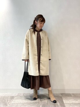 「女子会」｜「アイテム（ムートンコート）」を使った、ルクールブラン横浜ジョイナス店スタッフさん（レディース・157cm）の秋コーディネート