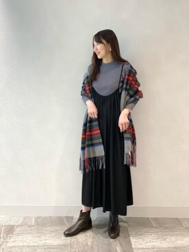 「チェックマフラー」｜「アイテム（ワンピース/ドレス）」を使った、ルクールブラン横浜ジョイナス店スタッフさん（レディース・161cm）の秋コーディネート