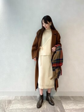 「チェックマフラー」｜「アイテム（チェスターコート）」を使った、ルクールブラン横浜ジョイナス店スタッフさん（レディース・161cm）の秋コーディネート