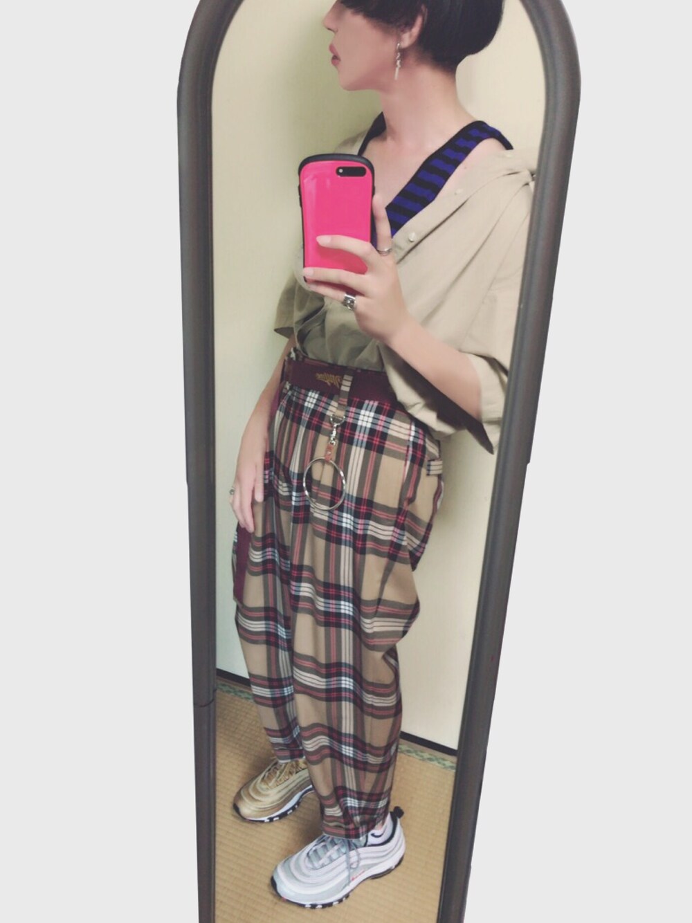「オトナカジュアル、バカ履き、Polo Ralph Lauren、MONKEY TIME、NIKE、air max 97、スニーカー、チエックパンツ、MYNE、半袖シャツ」｜「POLO RALPH LAURENのアイテム（シャツ/ブラウス、ベージュ系）」を使った、TTY®︎さん（メンズ・174cm）の夏コーディネートの1枚目の写真