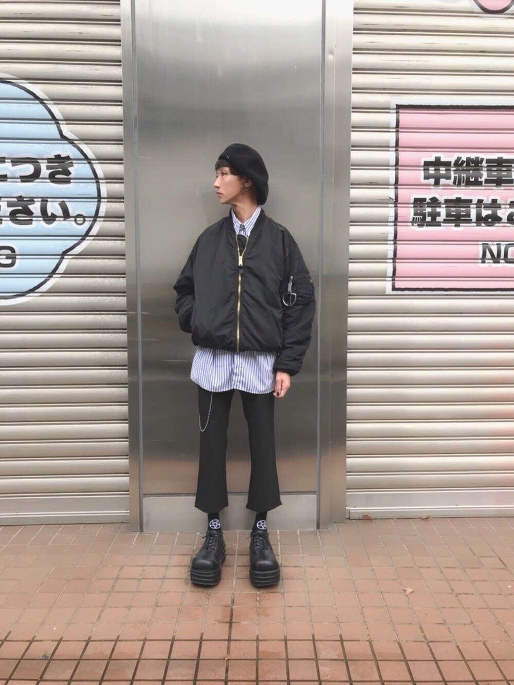 「2018マイベストコーデ、オトナカジュアル、韓国ファッション、韓国ブランド、MA-1、bomberjacket、alyx、ベレー帽、Demonia、厚底シューズ」｜「ALYXのアイテム（MA-1、ブラック系）」を使った、TTY®︎さん（メンズ・174cm）の冬コーディネートの1枚目の写真