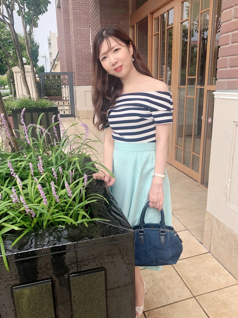 「女子会、オフショルトップス、ボーダートップス、ミントグリーン、フレアスカート」｜「CECIL McBEEのアイテム（トップス、ブラック系）」を使った、nagisa0906さん（レディース・152cm）の夏コーディネートの1枚目の写真