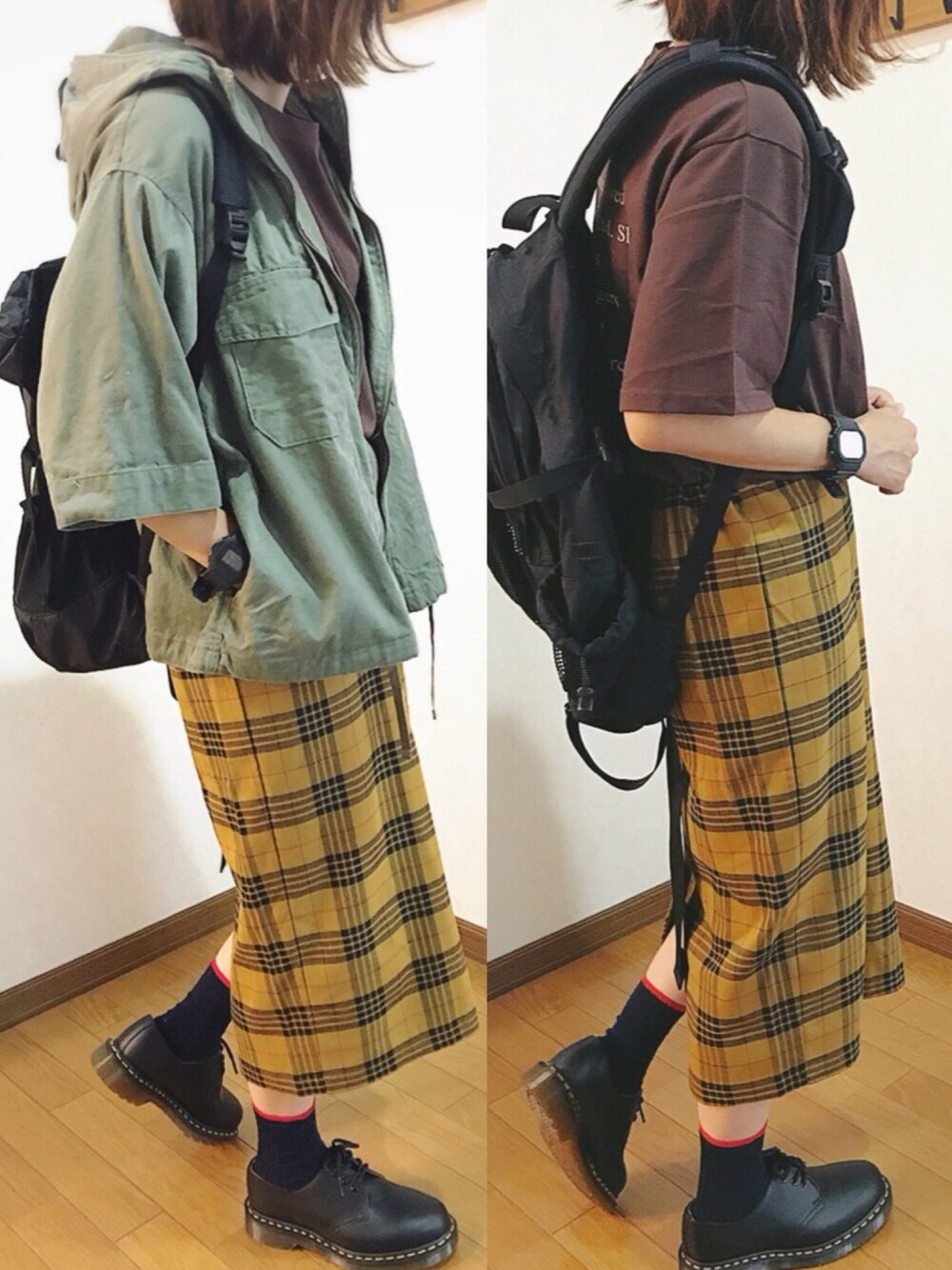 「秋服準備はじめました、GU、GUコーデ、プチプラコーデ、タータンチェック、チェックスカート、ミリタリージャケット、シンプルコーデ、カジュアルコーデ、Dr.Martens」｜「OLD BETTY'SのFull Zip Salvage parka/フル ジップ サルベージ パーカー（パーカー、グリーン系）」を使った、あゆさん（レディース・157cm）の秋コーディネートの1枚目の写真