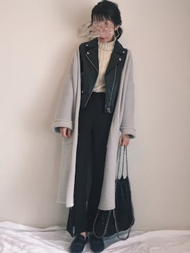 「スリットパンツ」｜「アイテム（ライダースジャケット）」を使った、sanae☆さん（レディース・164cm）の冬コーディネート