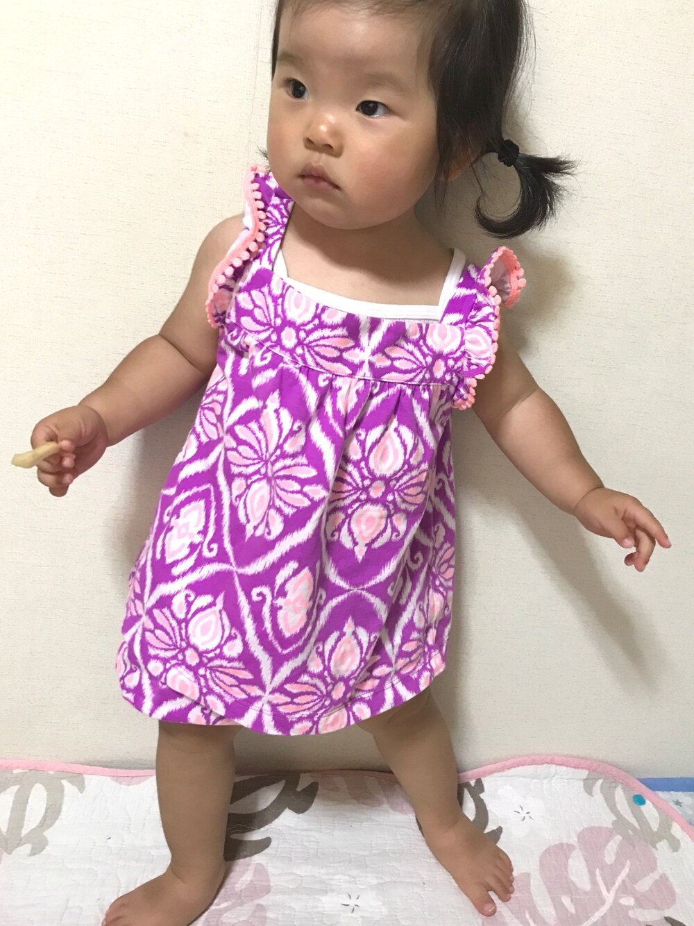「柄柄コーデ、夏コーデ、キッズコーデ、セットアップ、キッズファッション、紫ピンク最強」｜「Carter'sのアイテム（オールインワン・サロペット、パープル系）」を使った、mei©︎さん（キッズ・90cm）の夏コーディネートの1枚目の写真