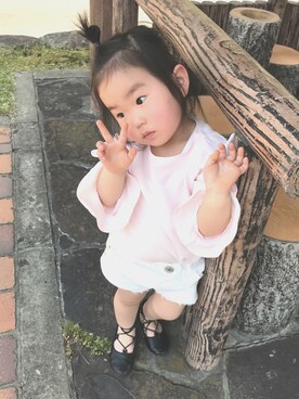 「petit main（プティマイン）のフリル袖8分袖Tシャツ（Tシャツ/カットソー、ピンク系）」を使った、sowaさん（キッズ・90cm）の春コーディネート
