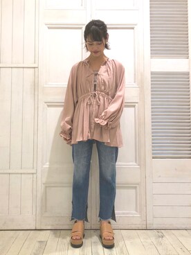 「Omekashi（オメカシ）のVレースフレンチプルオーバー（Tシャツ/カットソー）」を使った、kusuda yoshikoさん（レディース・163cm）の夏コーディネート