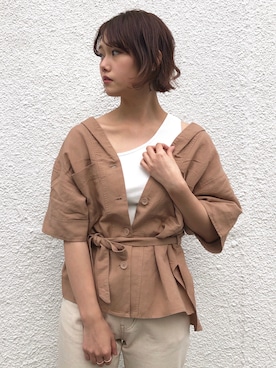 「mystic（ミスティック）のテーパードデニムパンツ（デニムパンツ）」を使った、kusuda yoshikoさん（レディース・163cm）の春コーディネート