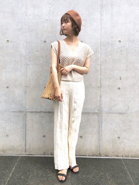 「mystic（ミスティック）のマクラメ編みトートバッグ（トートバッグ）」を使った、kusuda yoshikoさん（レディース・163cm）の夏コーディネート