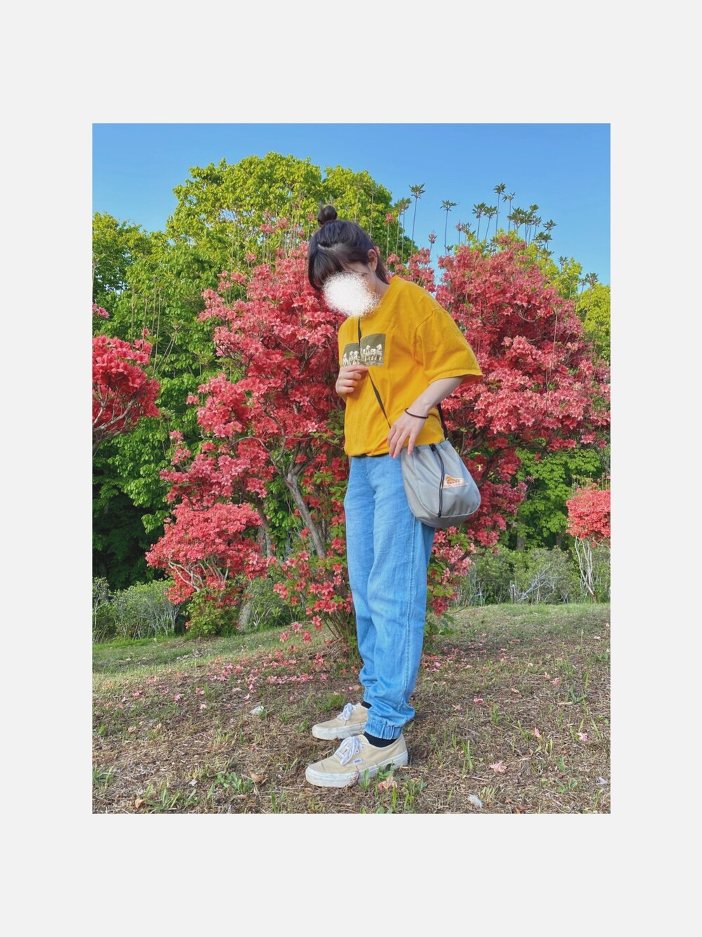 「Jerzees、低身長コーデ、低身長、GU、黄色、Tシャツ、古着、相互フォロー、VANS、スニーカー」｜「JERZEESのアイテム（Tシャツ/カットソー、イエロー系）」を使った、Mochi さん（レディース・147cm）の夏コーディネートの1枚目の写真