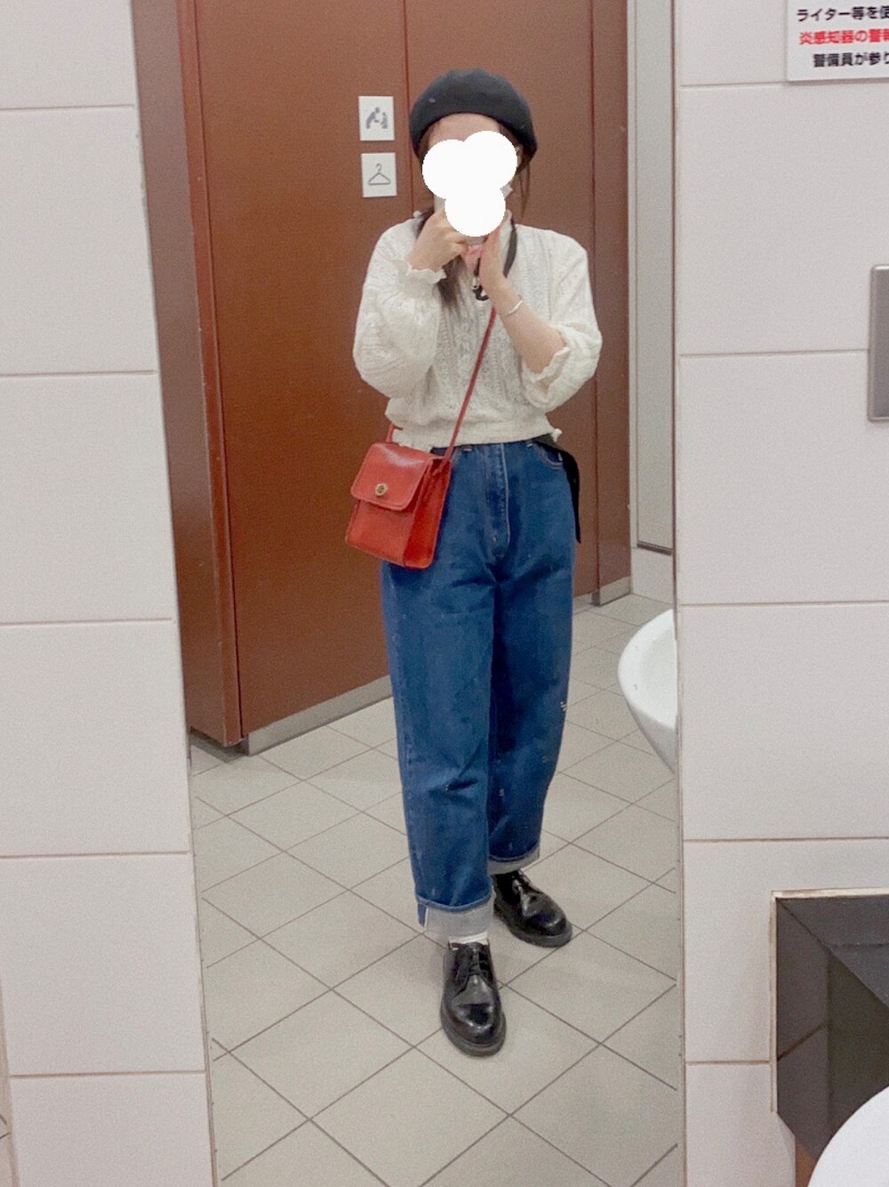 「低身長、低身長コーデ、ベレー帽、レース、デニムパンツ、CIOTA、カジュアル、秋服」｜「CIOTAのアイテム（デニムパンツ、ブルー系）」を使った、Mochi さん（レディース・147cm）の秋コーディネートの1枚目の写真