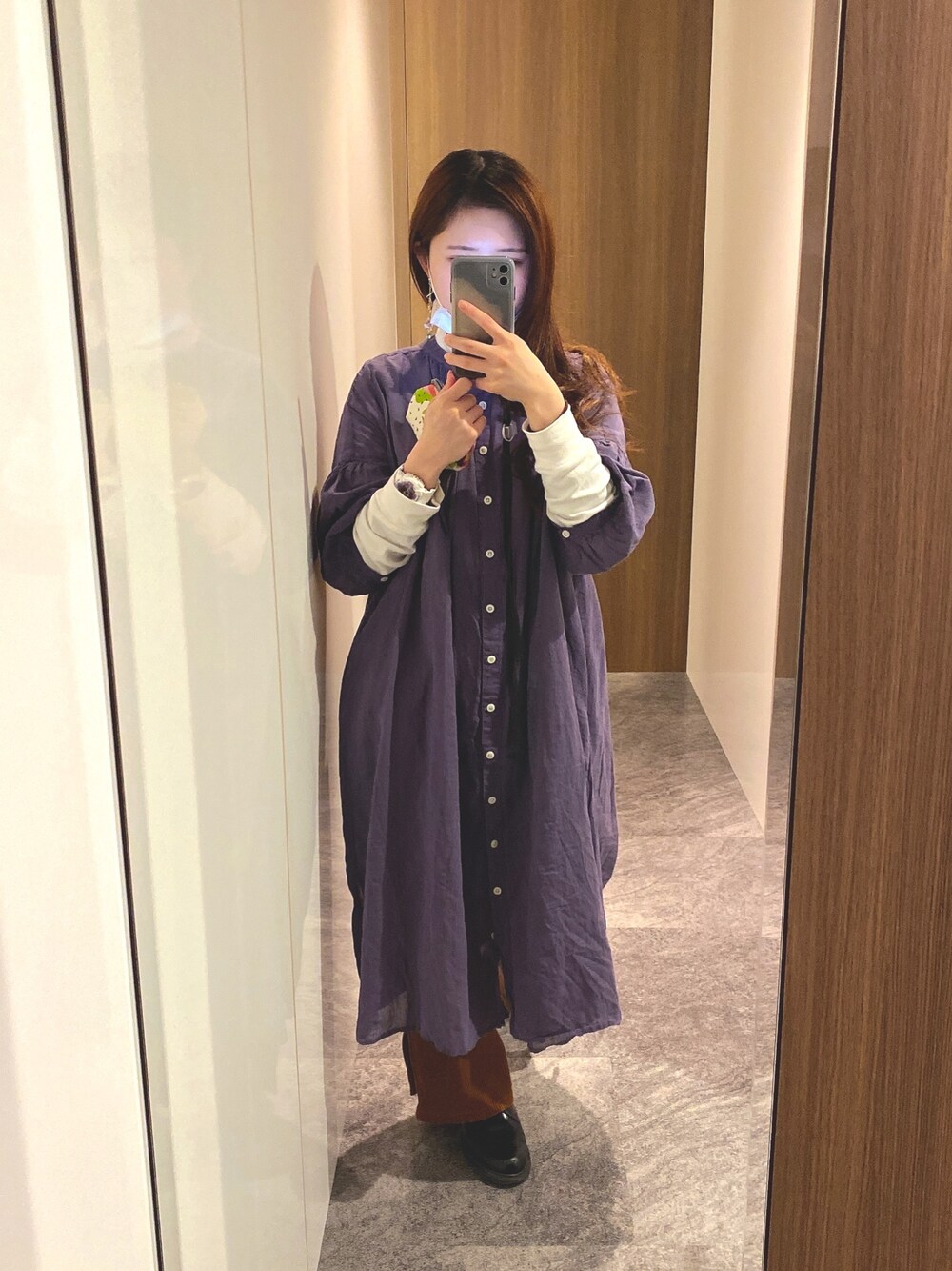 「低身長、ゆるコーデ、低身長コーデ、モックネック、SUN VALLEY、シャツワンピ、パープル」｜「SUN VALLEYのアイテム（シャツワンピース、パープル系）」を使った、Mochi さん（レディース・147cm）の冬コーディネートの1枚目の写真