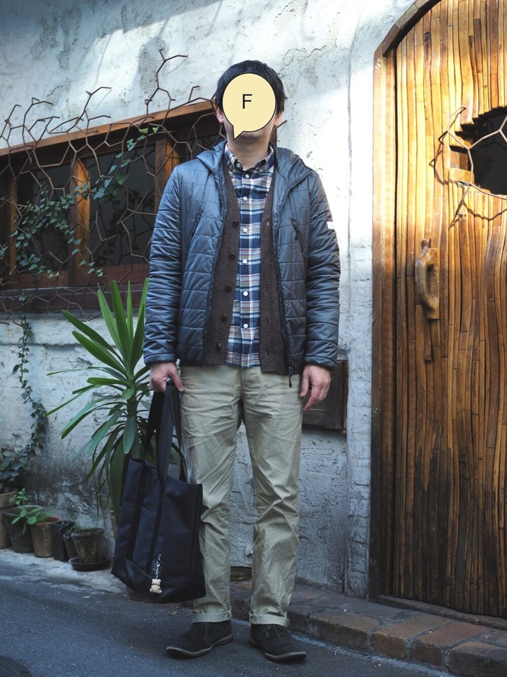 「冬アウター着回しチャレンジ、冬コーデ、undercoverism、NUMBER (N)INE、A.P.C.、CASH CA、JAM HOME MADE、PORTER、モヘアニット、カーディガン+シャツ」｜「A.P.C.の長袖シャツ（シャツ/ブラウス、ホワイト系）」を使った、Fさん（メンズ・169cm）の冬コーディネートの1枚目の写真