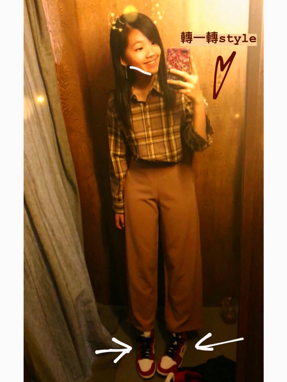「AIR JORDAN、3.3 field trip、ALAND、hkgirl」｜「3.3 Field Trip のアイテム（シャツ/ブラウス、ブラウン系）」を使った、Lok Ching🧡さん（レディース・168cm）の冬コーディネートの1枚目の写真