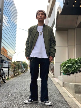 「schott（ショット）のアイテム（MA-1）」を使った、Satsuma Gotoさん（メンズ・169cm）の秋コーディネート