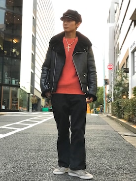 「schott（ショット）のアイテム（ムートンコート）」を使った、Satsuma Gotoさん（メンズ・169cm）の秋コーディネート