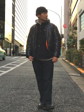 「schott（ショット）のアイテム（MA-1）」を使った、Satsuma Gotoさん（メンズ・169cm）の冬コーディネート