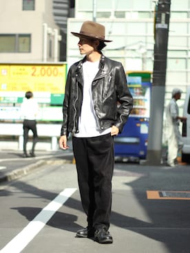「秋のカフェオレコーデ」｜「アイテム（ライダースジャケット）」を使った、Satsuma Gotoさん（メンズ・169cm）の秋コーディネート