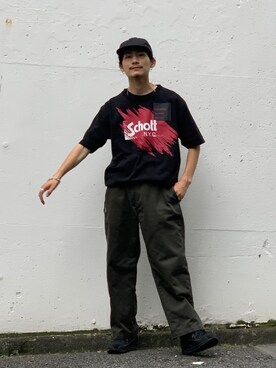 「schott（ショット）のSchott/ショット/SCRIBBLE T-SHIRT（Tシャツ/カットソー）」を使った、Satsuma Gotoさん（メンズ・169cm）の夏コーディネート