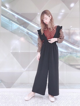 「カフェ」｜「アイテム（オールインワン・サロペット）」を使った、マジェスティックレゴン河原町OPA店スタッフさん（レディース・159cm）の夏コーディネート