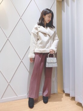 「ヘアアレンジ」｜「アイテム（ライダースジャケット）」を使った、マジェスティックレゴン河原町OPA店スタッフさん（レディース・159cm）の秋コーディネート
