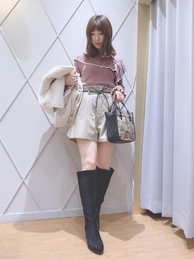 「ボア」｜「アイテム（ライダースジャケット）」を使った、マジェスティックレゴン河原町OPA店スタッフさん（レディース・154cm）の秋コーディネート