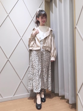 「ギャザー」｜「アイテム（ライダースジャケット）」を使った、マジェスティックレゴン河原町OPA店スタッフさん（レディース・153cm）の春コーディネート