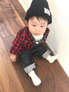 「PETIT BATEAU（プチバトー）のアイテム（サロペット/オーバーオール）」を使った、akitoさん（キッズ・80cm）の秋コーディネート