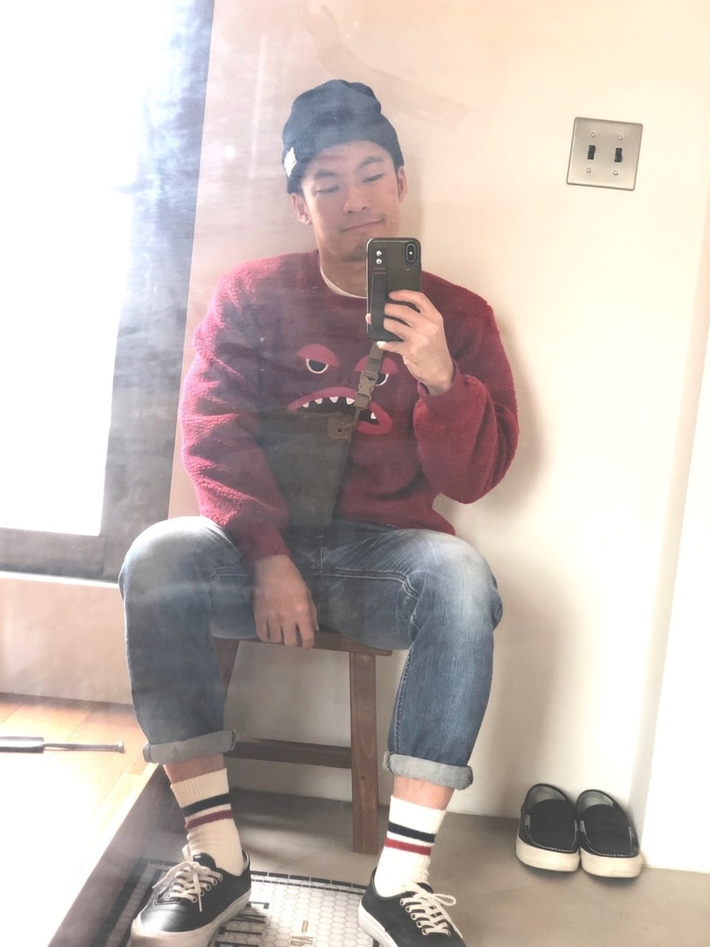「ピグモン」｜「TabioのTabio MEN / メンズ 綿混2本ラインショートソックス（ソックス/靴下、ホワイト系）」を使った、ハチさん（メンズ・162cm）の冬コーディネートの1枚目の写真