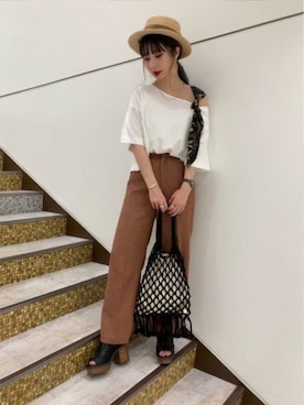 「ブラウン×ブラック」｜「アイテム（サンダル）」を使った、せいらまんさん（レディース・162cm）の夏コーディネート