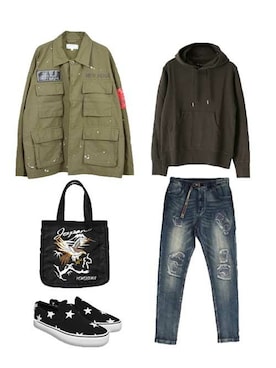 「アイテム（ミリタリージャケット）」を使った、なつき🐻さん（メンズ・163cm・20代）の春コーディネート