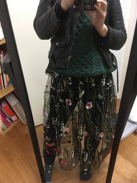 「刺繍」｜「アイテム（ライダースジャケット）」を使った、あやめんさん（レディース・152cm）の冬コーディネート