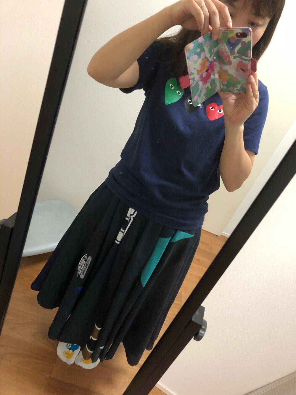 「COMME des GARCONSのアイテム（Tシャツ/カットソー、ブルー系）」を使った、あやめんさん（レディース・152cm）の夏コーディネートの1枚目の写真