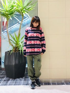 「HYSTERIC GLAMOUR（ヒステリックグラマー）のGIRLS BORDER総柄ジャカード リブ付Tシャツ（Tシャツ/カットソー）」を使った、hiRaさん（レディース・157cm）の冬コーディネート