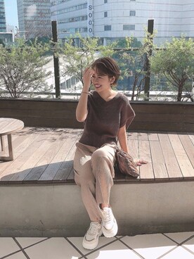 「korea importのアイテム（スラックス、ベージュ系）」を使った、ricoさん（レディース・165cm）の夏コーディネート