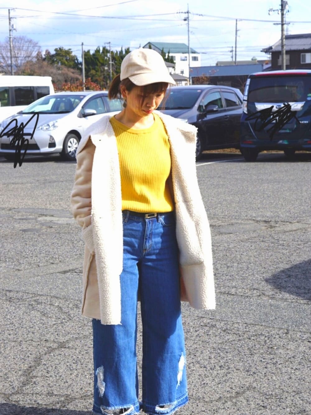 「カジュアル、デニム、ZARA、今日のコーデ、低身長」｜「mysticの配色リブニット（ニット/セーター、イエロー系）」を使った、ゆきこさん（レディース・153cm）の冬コーディネートの1枚目の写真