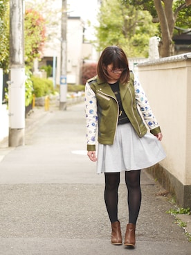 「NIRAME.CO（ニラメッコ）のアイテム（ライダースジャケット）」を使った、NIRAME.COさん（レディース・156cm）の春コーディネート