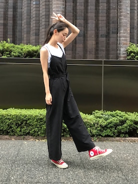 「haco!（ハコ）のアイテム（つなぎ/オールインワン）」を使った、阿久津ゆりえさん（レディース・167cm）の秋コーディネート