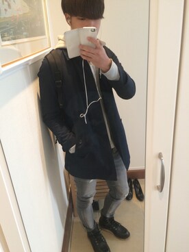 「ブーツイン」｜「アイテム（ステンカラーコート）」を使った、たこさん（メンズ・175cm）の冬コーディネート