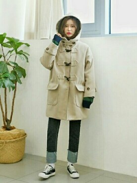 「オルチャンファッション」｜「アイテム（ダッフルコート）」を使った、luvluvme.jpさん（レディース・163cm）の冬コーディネート