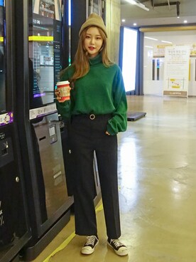 「オルチャンファッション」｜「アイテム（スラックス）」を使った、luvluvme.jpさん（レディース・163cm）の冬コーディネート