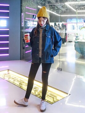 「オルチャンファッション」｜「アイテム（デニムジャケット）」を使った、luvluvme.jpさん（レディース・166cm）の冬コーディネート